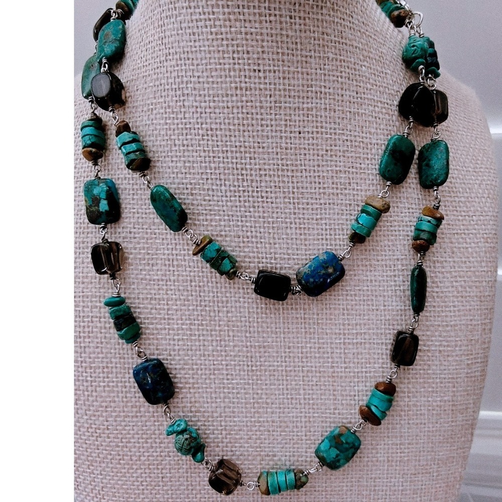 Silpada Sterling Silver 925 Natural Turquoise Lapis Smoky Quartz Long Necklace